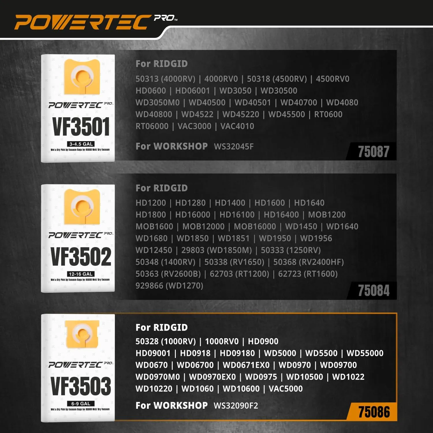 POWERTEC PRO VF3503 Size B Wet Pickup Shop Vac Bags for Ridgid 2 Pack, 6-9 Gal. Wet or Dry Dust and Debris Collection Dust Bags for Ridgid HD9000, 1000RV Wet Dry Vac (75086)