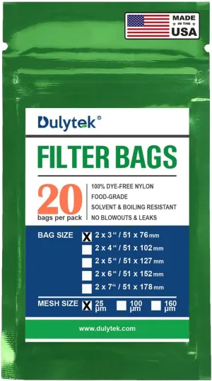 Premium Nylon 20 Pcs Filter Bags, 25 Micron, 2" x 3", Double-Stitching, Zero Blowouts, Made in the USA