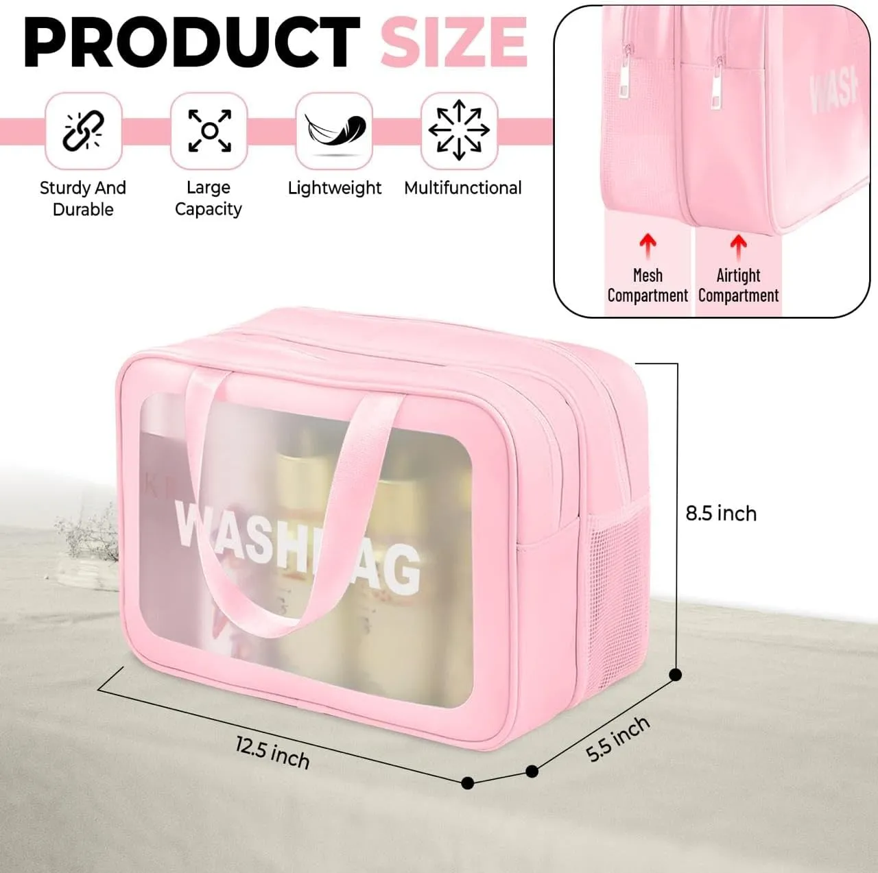 Premium Waterproof Makeup Washbag - Portable Travel Cosmetic Organizer with Multi-Compartment Design for Women - Durable and Stylish Toiletry Bag for Beauty Essentials (Pink)