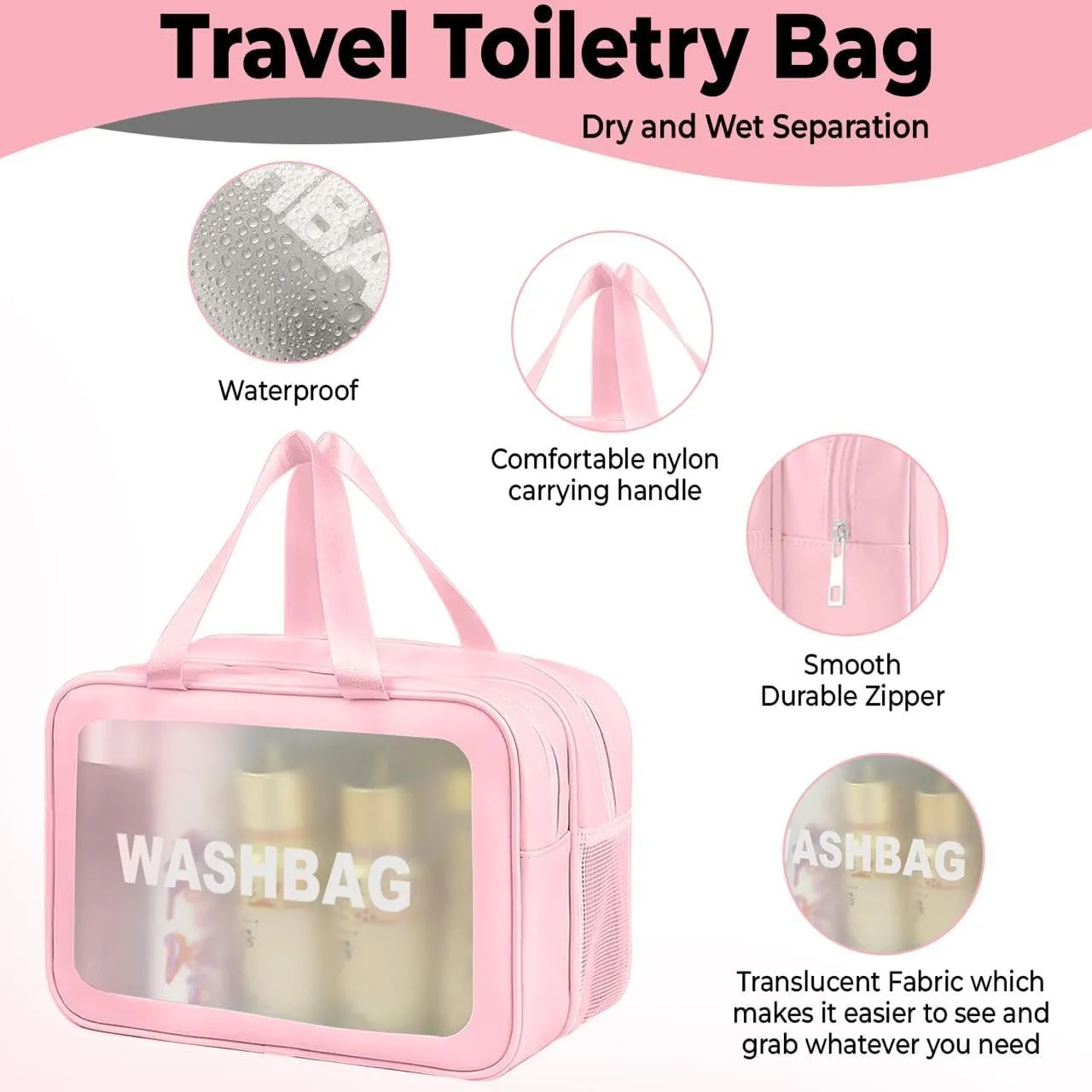 Premium Waterproof Makeup Washbag - Portable Travel Cosmetic Organizer with Multi-Compartment Design for Women - Durable and Stylish Toiletry Bag for Beauty Essentials (Pink)