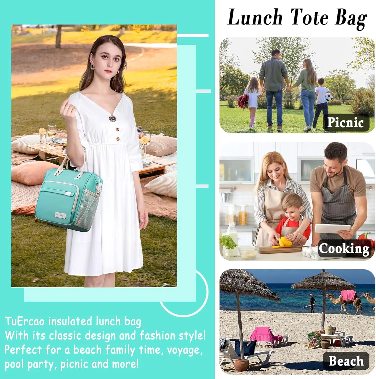 Preppy Lunch Box for Women Aesthetic Insulated Lunch Bag for Young Ladies Female, Teal