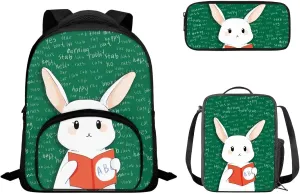 Preschool Elementary School Backpack Bookbags with Insulated Lunch Bag Handbag Pencil Case 3 Pack Set Bookbag Lunch Bag Cartoon Rabbit School Bookbag Satchel