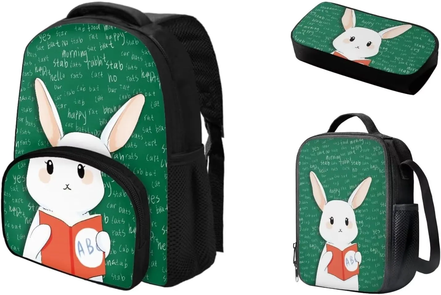 Preschool Elementary School Backpack Bookbags with Insulated Lunch Bag Handbag Pencil Case 3 Pack Set Bookbag Lunch Bag Cartoon Rabbit School Bookbag Satchel