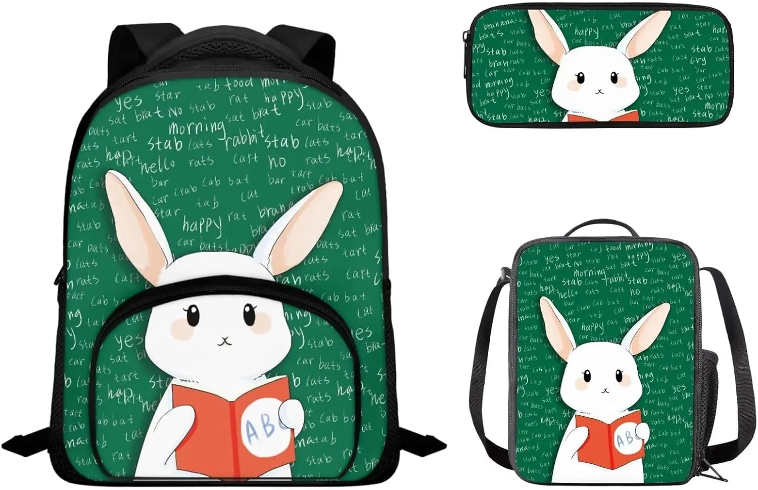 Preschool Elementary School Backpack Bookbags with Insulated Lunch Bag Handbag Pencil Case 3 Pack Set Bookbag Lunch Bag Cartoon Rabbit School Bookbag Satchel