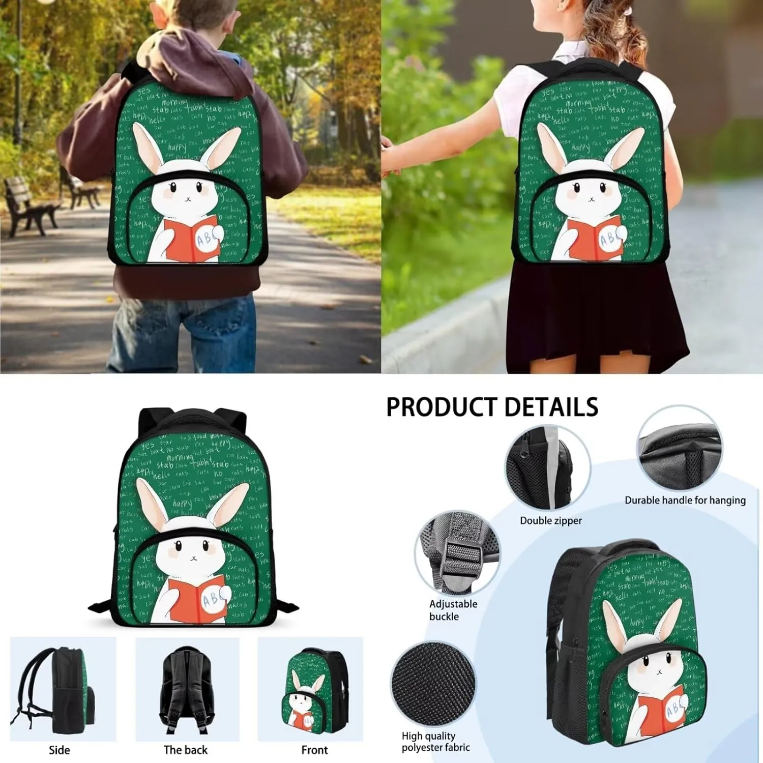 Preschool Elementary School Backpack Bookbags with Insulated Lunch Bag Handbag Pencil Case 3 Pack Set Bookbag Lunch Bag Cartoon Rabbit School Bookbag Satchel