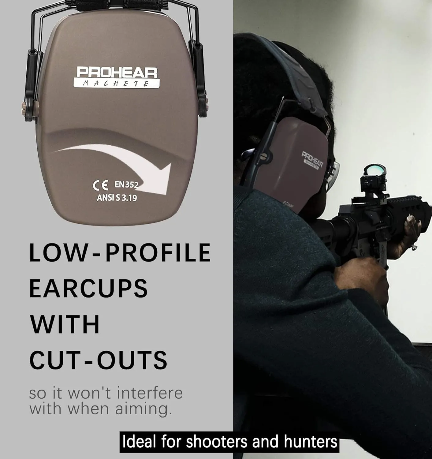 PROHEAR 016 Ear Protection Safety Earmuffs for Shooting, NRR 26dB Noise Reduction Slim Passive Hearing Protector with Low-Profile Earcups, Compact Foldable Ear Defenders for Gun Range, Hunting (Brown)