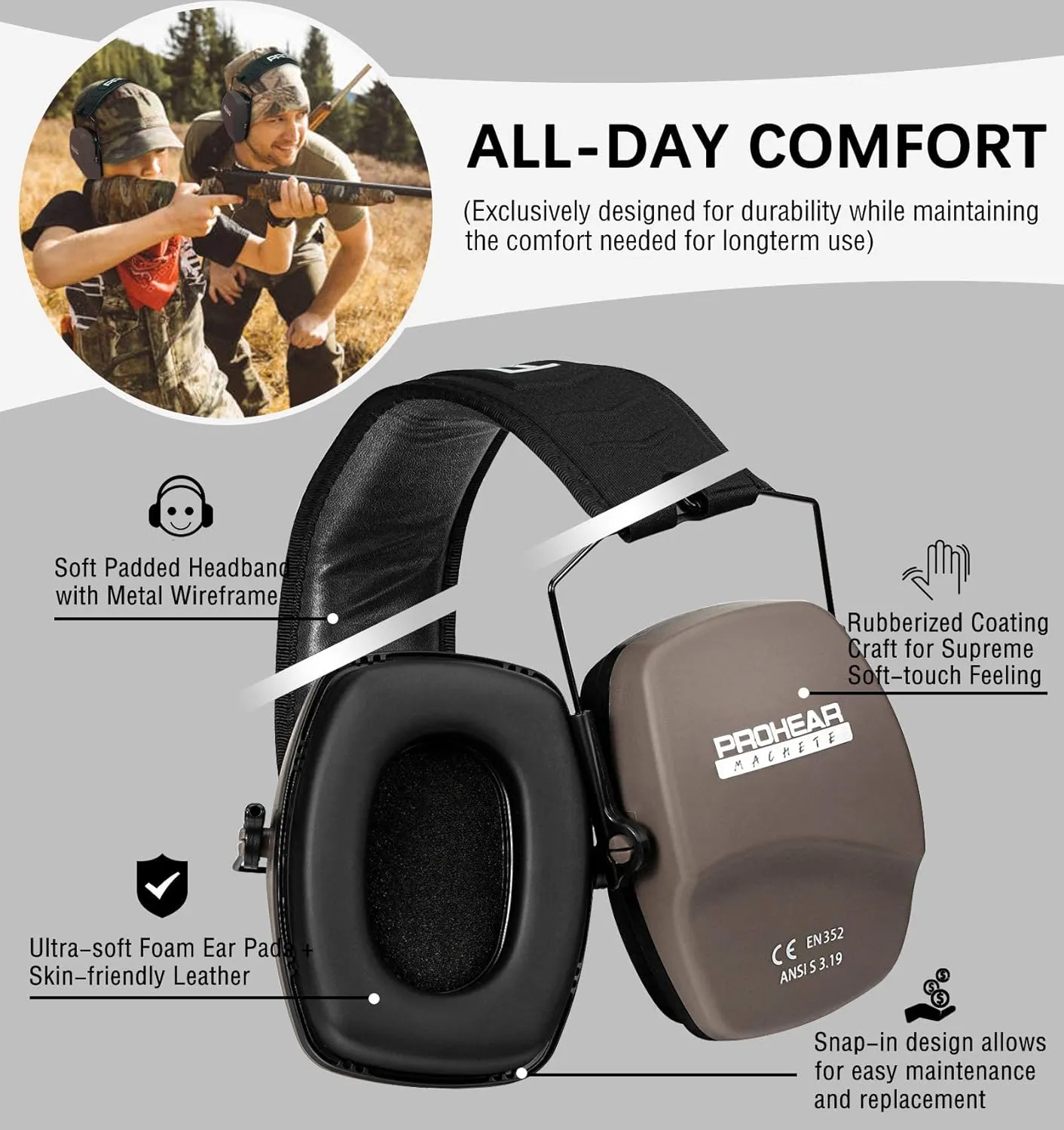 PROHEAR 016 Ear Protection Safety Earmuffs for Shooting, NRR 26dB Noise Reduction Slim Passive Hearing Protector with Low-Profile Earcups, Compact Foldable Ear Defenders for Gun Range, Hunting (Brown)