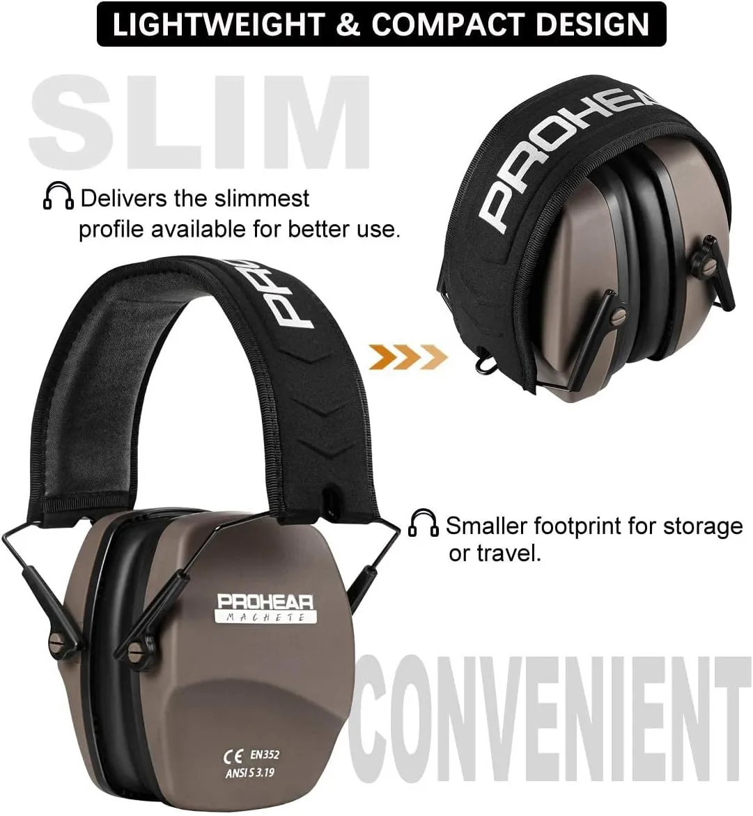 PROHEAR 016 Ear Protection Safety Earmuffs for Shooting, NRR 26dB Noise Reduction Slim Passive Hearing Protector with Low-Profile Earcups, Compact Foldable Ear Defenders for Gun Range, Hunting (Brown)