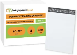 PSBM White Poly Mailers 9 x 12 Inch 2000 Pack Shipping Bags for Clothing, Sturdy Shipping Envelopes, Strong Self Seal Mailing Bags for Small Business, Poly Bags for Small Businessess