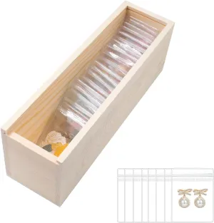 Pull Out Jewelry Organizer Box with 20 pcs Portable Clear Storage Bags, Wooden Travel Jewelry Storage Case for Necklaces, Earrings, Rings, Bracelets, 9.4 x 2.7 x 3.3 Inch