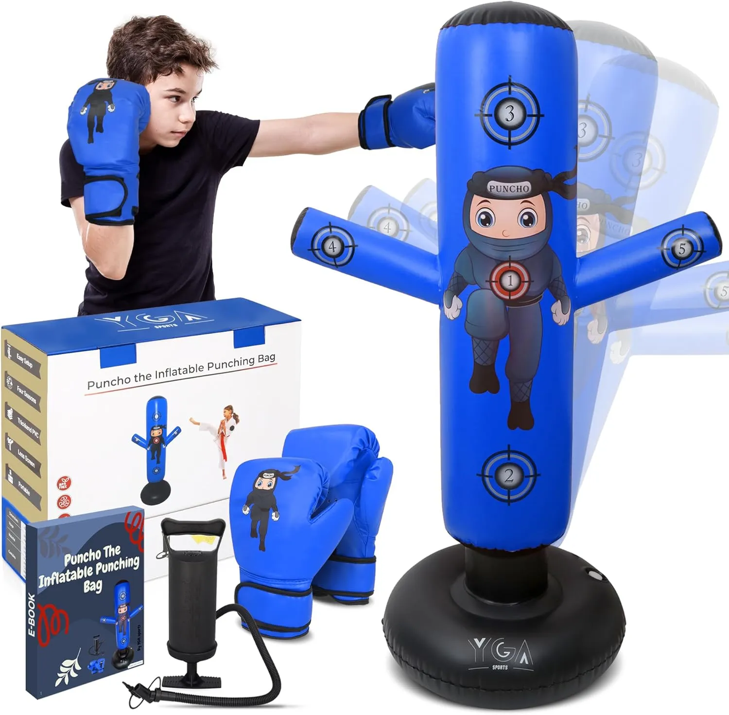 PUNCHO Inflatable Punching Bag for Kids - 63" Kid Boxing Bag Set - Karate Gifts for Boys and Girls Age 3-12 - Kids Punching Bag & Birthday Gift with Boxing Gloves, Air Pump, eBook - Ninja Kid Toys