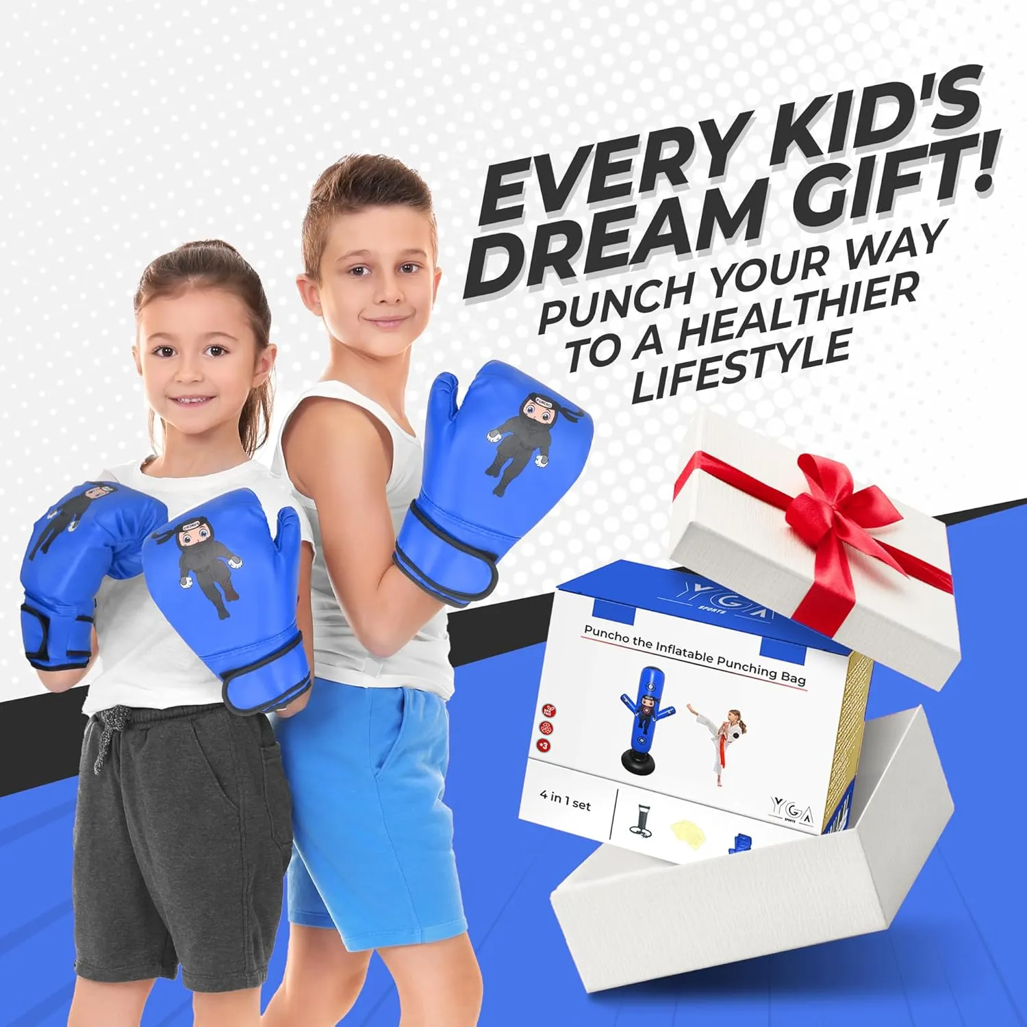 PUNCHO Inflatable Punching Bag for Kids - 63" Kid Boxing Bag Set - Karate Gifts for Boys and Girls Age 3-12 - Kids Punching Bag & Birthday Gift with Boxing Gloves, Air Pump, eBook - Ninja Kid Toys