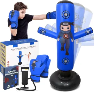 PUNCHO Inflatable Punching Bag for Kids - 63" Kid Boxing Bag Set - Karate Gifts for Boys and Girls Age 3-12 - Kids Punching Bag & Birthday Gift with Boxing Gloves, Air Pump, eBook - Ninja Kid Toys