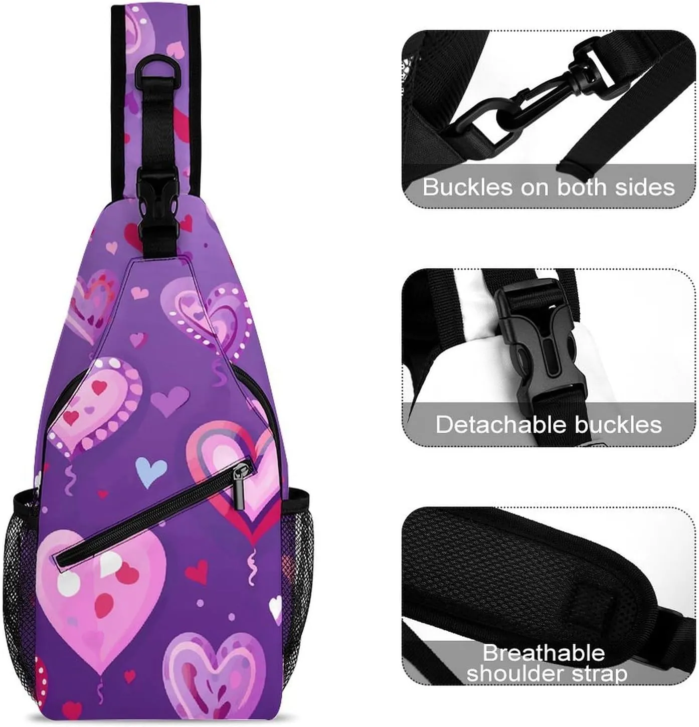 Purple Love Pattern Sling Bag Lightweight Crossbody Chest Pack Travel Shoulder Bag with Adjustable Strap