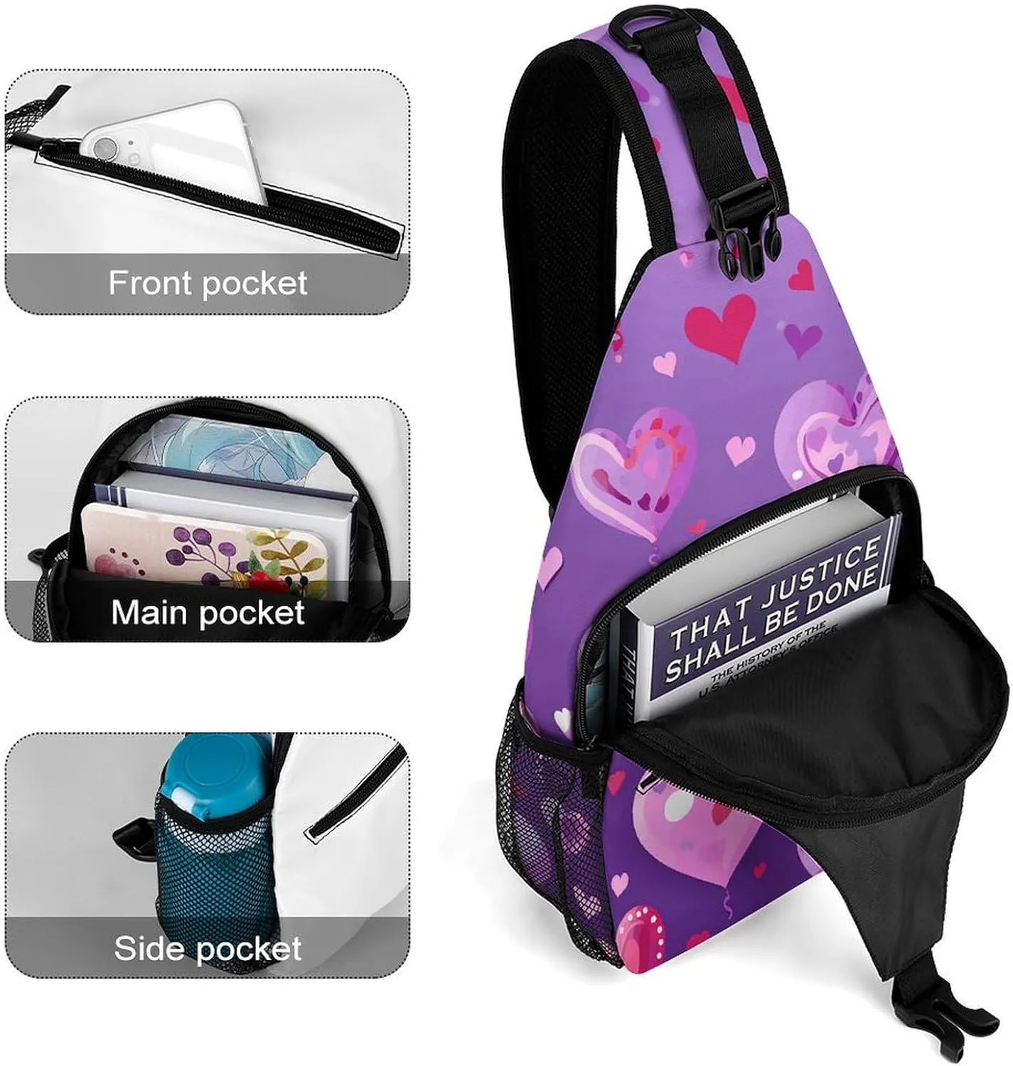 Purple Love Pattern Sling Bag Lightweight Crossbody Chest Pack Travel Shoulder Bag with Adjustable Strap