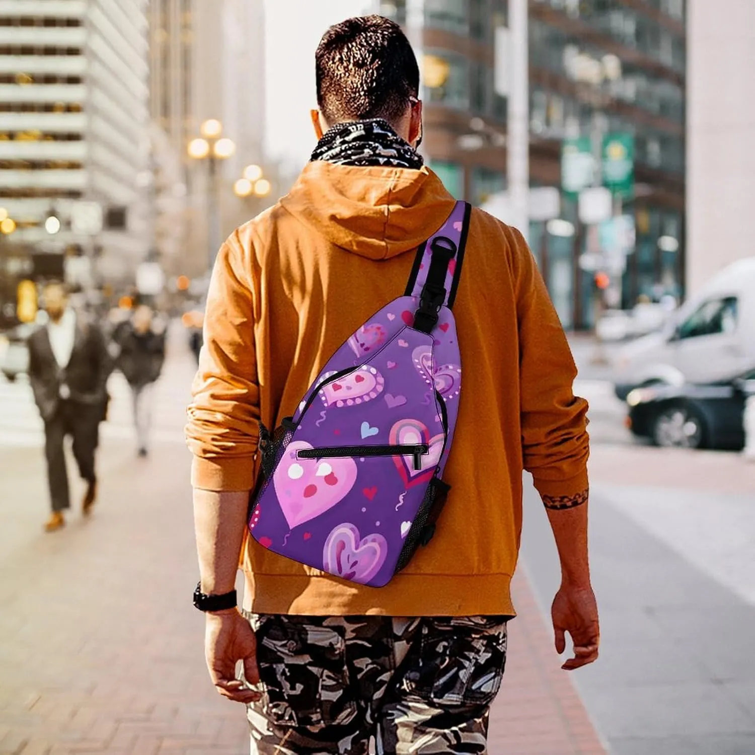 Purple Love Pattern Sling Bag Lightweight Crossbody Chest Pack Travel Shoulder Bag with Adjustable Strap