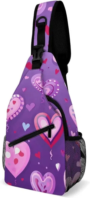 Purple Love Pattern Sling Bag Lightweight Crossbody Chest Pack Travel Shoulder Bag with Adjustable Strap