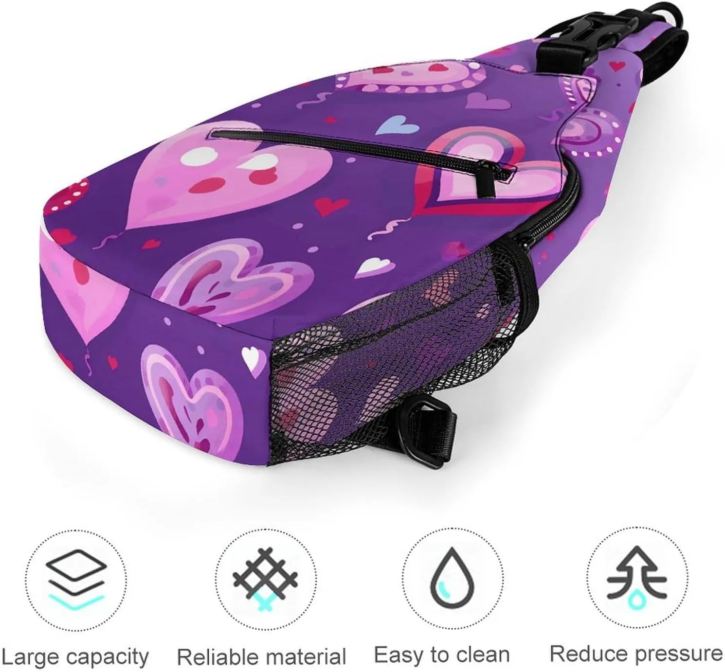 Purple Love Pattern Sling Bag Lightweight Crossbody Chest Pack Travel Shoulder Bag with Adjustable Strap