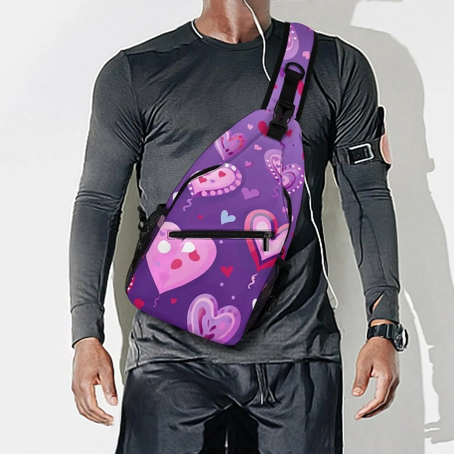 Purple Love Pattern Sling Bag Lightweight Crossbody Chest Pack Travel Shoulder Bag with Adjustable Strap