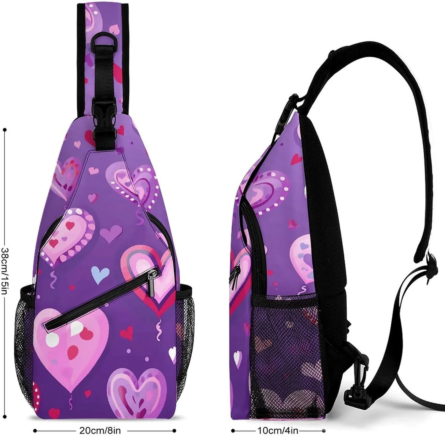 Purple Love Pattern Sling Bag Lightweight Crossbody Chest Pack Travel Shoulder Bag with Adjustable Strap