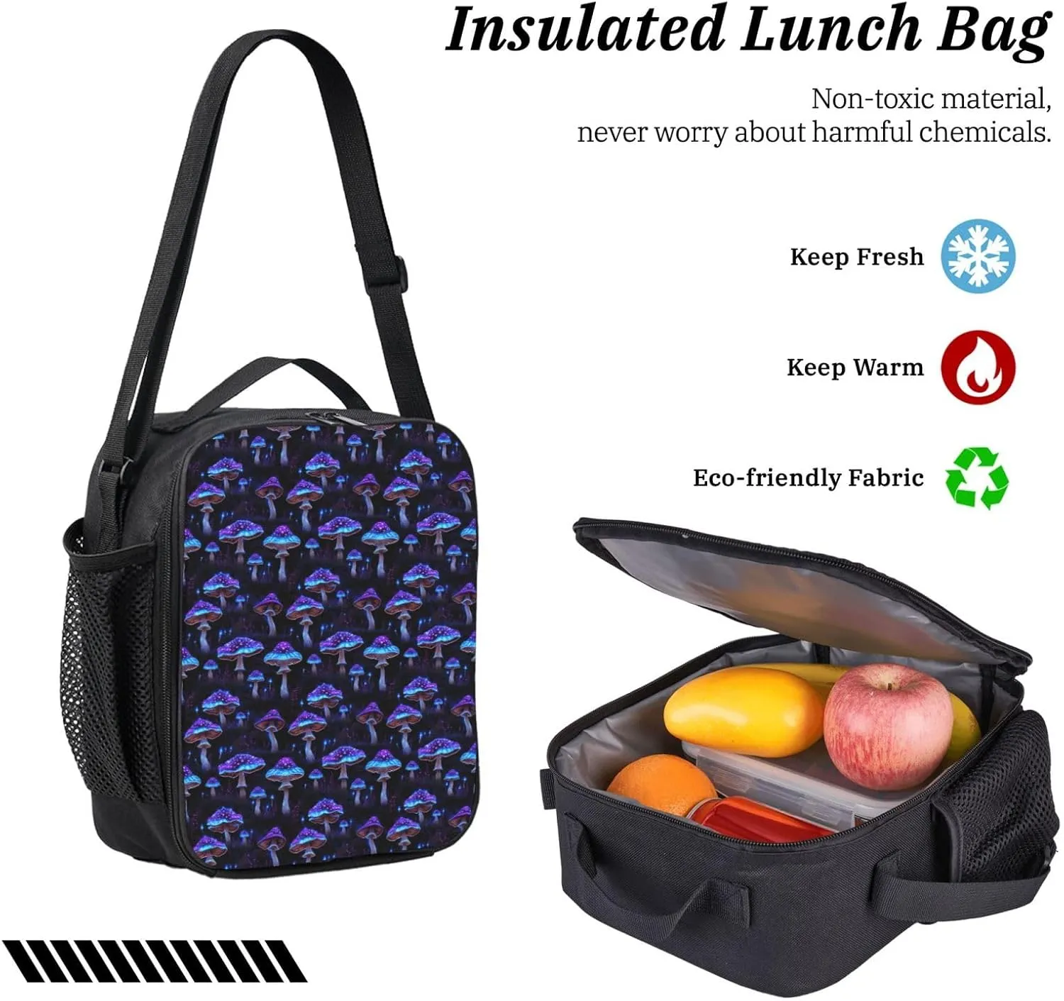 Purple Psychedelic Mushrooms Backpack Crossbody Lunch Bag Pencil Case 3Pcs Set Lightweight Double Shoulder Bag With Insulated Lunch Box Pen Bags