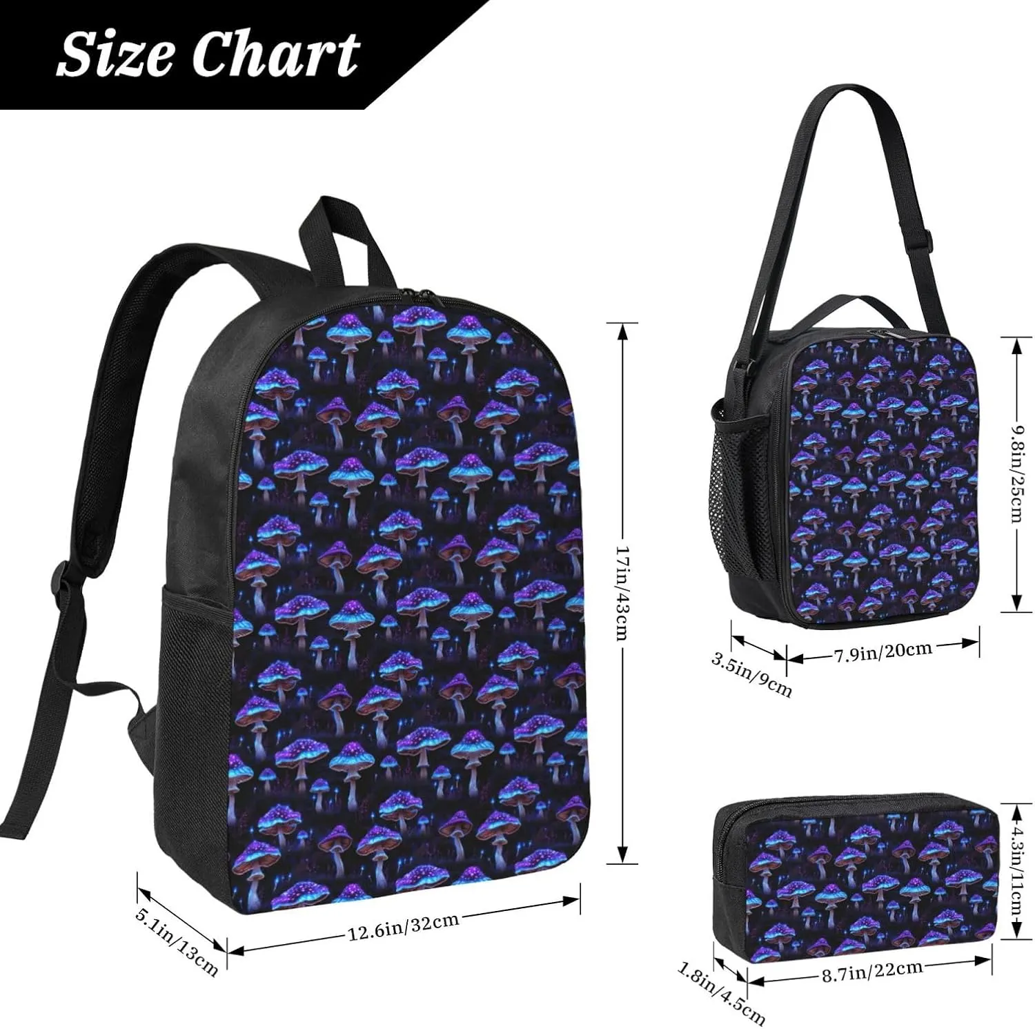 Purple Psychedelic Mushrooms Backpack Crossbody Lunch Bag Pencil Case 3Pcs Set Lightweight Double Shoulder Bag With Insulated Lunch Box Pen Bags