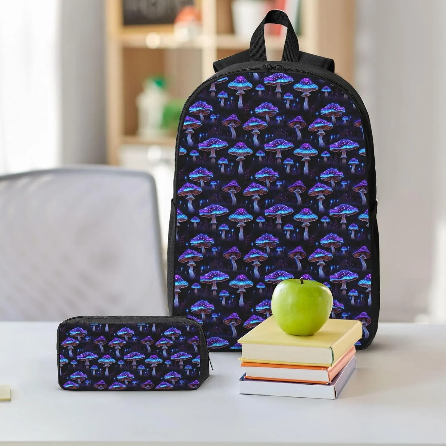 Purple Psychedelic Mushrooms Backpack Crossbody Lunch Bag Pencil Case 3Pcs Set Lightweight Double Shoulder Bag With Insulated Lunch Box Pen Bags