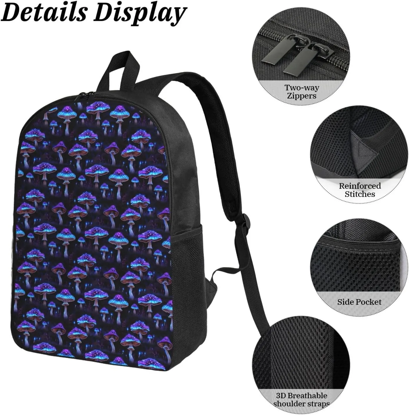 Purple Psychedelic Mushrooms Backpack Crossbody Lunch Bag Pencil Case 3Pcs Set Lightweight Double Shoulder Bag With Insulated Lunch Box Pen Bags