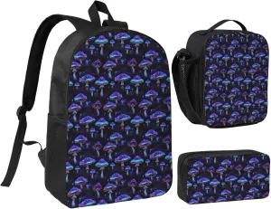 Purple Psychedelic Mushrooms Backpack Crossbody Lunch Bag Pencil Case 3Pcs Set Lightweight Double Shoulder Bag With Insulated Lunch Box Pen Bags