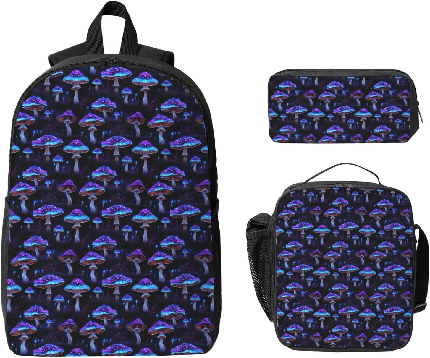 Purple Psychedelic Mushrooms Backpack Crossbody Lunch Bag Pencil Case 3Pcs Set Lightweight Double Shoulder Bag With Insulated Lunch Box Pen Bags