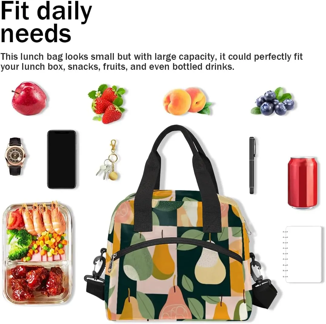 QsirBC Pears Decor Theme Lunch Tote Insulated Lunch Bag Adult Bags with Strap Women Men Reusable Cooler Lunch Box for Work Picnic Travel Shopping Beach
