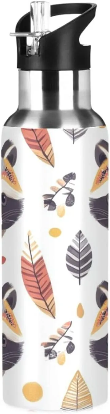 Raccoon Insulated Water Bottle with Straw & Lid 22oz BPA Free Leakproof Stainless Steel Water Bottle Vacuum Double Wall Wide Mouth Sports Cup