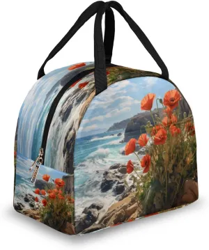 Red Flowers Insulated Lunch Bag for Women Men, Reusable Atlantic Coast Tote lunch box for Adult Portable Coole Lunch Bags for Work Picnic Office Travel