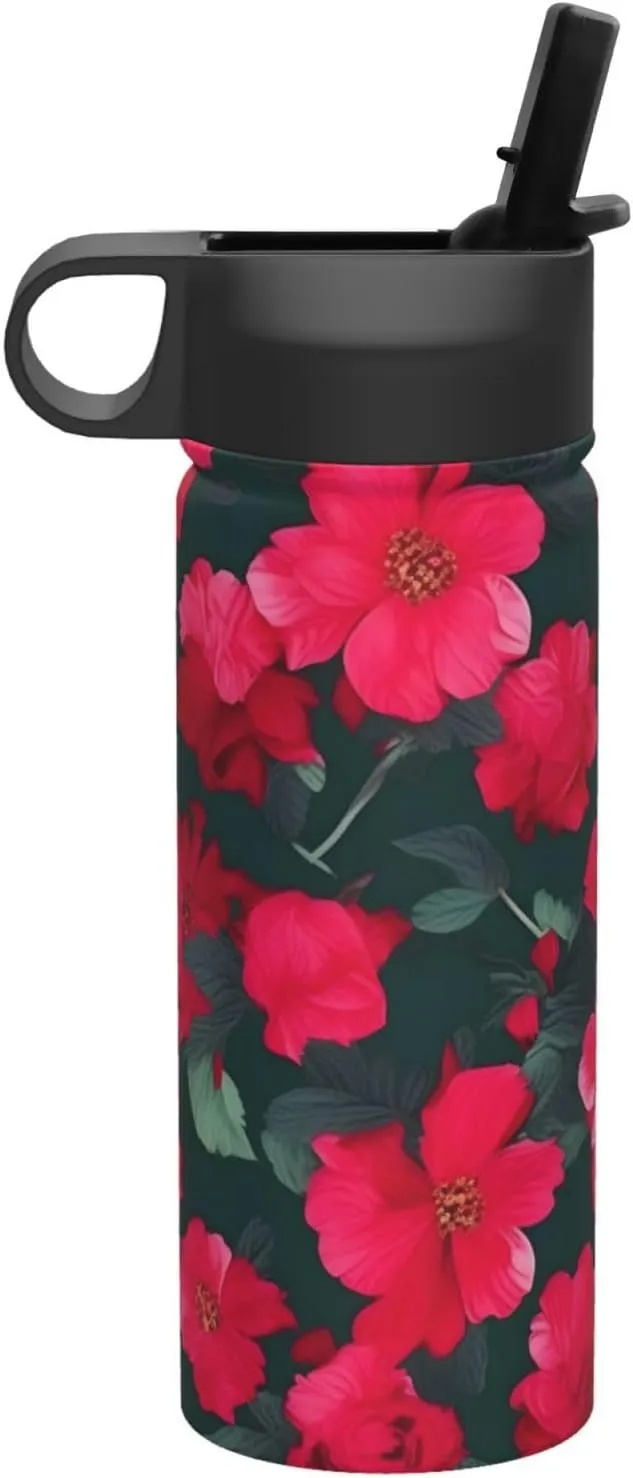 Red Pink Flower Print Flask Stainless Steel Water Bottle with Straw 18OZ FOR Outdoor Gym Commute