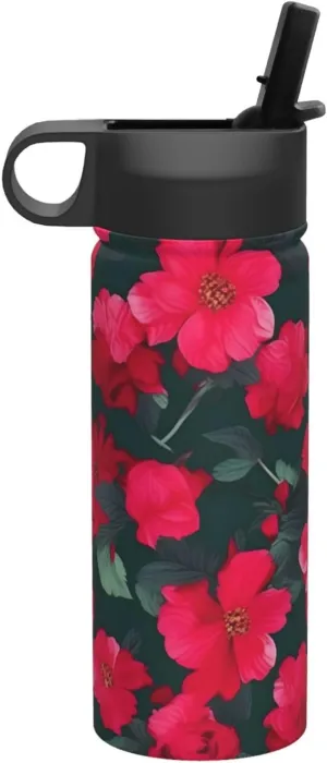 Red Pink Flower Print Flask Stainless Steel Water Bottle with Straw 18OZ FOR Outdoor Gym Commute