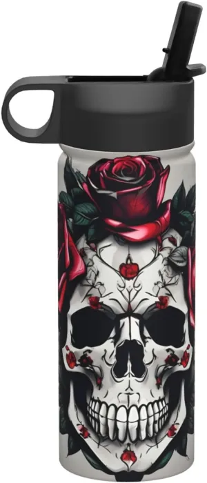 Red Rose Skull Print Flask Stainless Steel Water Bottle with Straw 18OZ FOR Outdoor Gym Commute