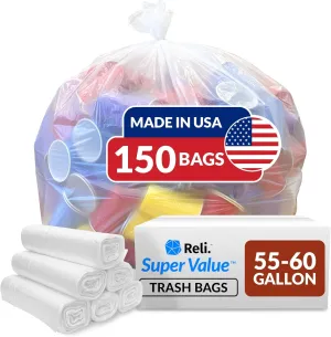 Reli. Easy Grab Trash Bags, 55-60 Gallon (150 Count) (Clear) - Star Seal Super High Density Rolls - Heavy Duty Can Liners, Garbage Bags, Bulk Bags - 50, 55, 60 Gallon Capacity