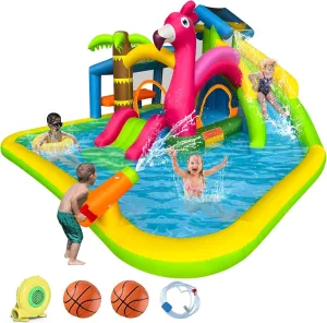 RETRO JUMP Inflatable Water Slide,Flamingo Water Park Bouncy Castle,9 in 1 Waterslides with Climbing Wall,Splash Pool,Toy Market Stand, Bounce Area,Water Cannon,Basketball Rim,Sprinkler and Blower