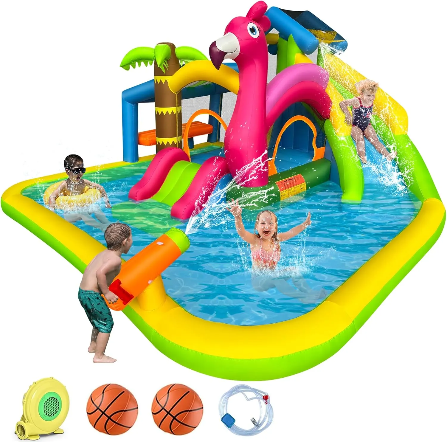 RETRO JUMP Inflatable Water Slide,Flamingo Water Park Bouncy Castle,9 in 1 Waterslides with Climbing Wall,Splash Pool,Toy Market Stand, Bounce Area,Water Cannon,Basketball Rim,Sprinkler and Blower