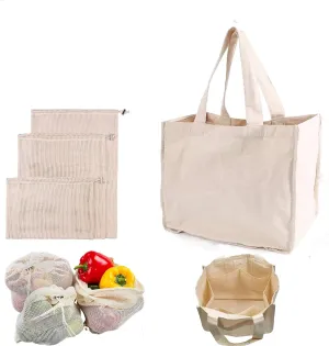 Reusable shopping bags-100% cotton shopping bags-sturdy handbags- Washable organic cotton mesh bags (a set includes 4 pieces: 1 cotton canvas bag and 3 mesh bags, washable, environmentally friendly)