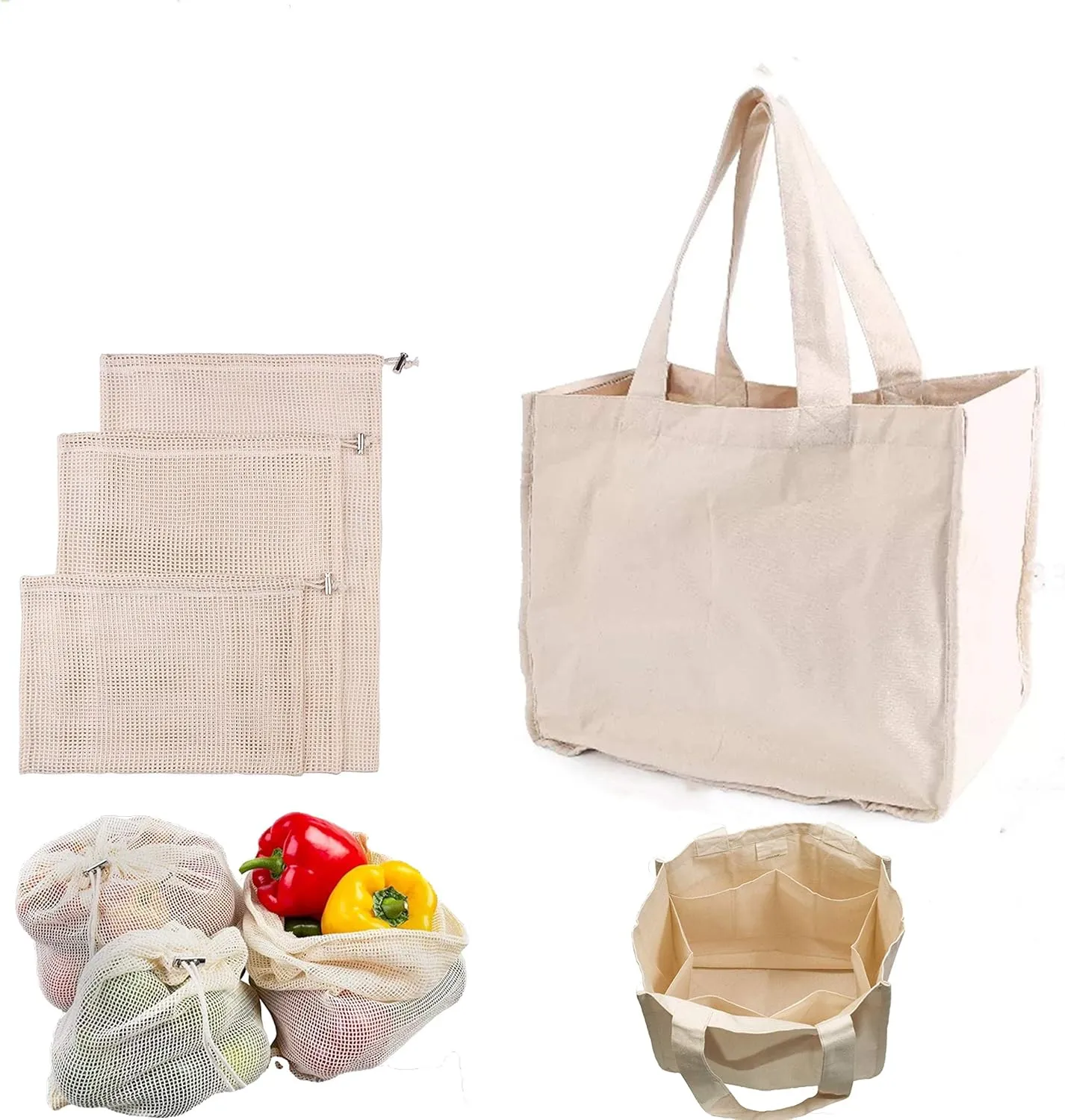 Reusable shopping bags-100% cotton shopping bags-sturdy handbags- Washable organic cotton mesh bags (a set includes 4 pieces: 1 cotton canvas bag and 3 mesh bags, washable, environmentally friendly)