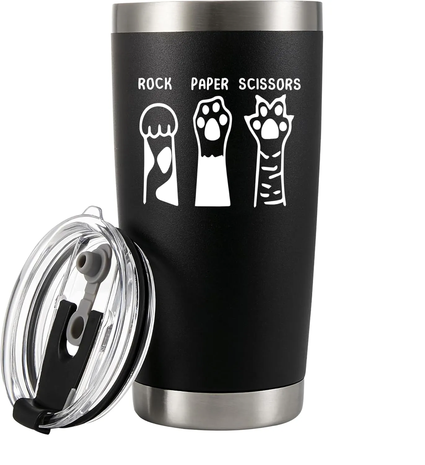 Rock Paper Scissors Vacuum Insulated Tumbler Cat Gifts for Cat Lover Girlfriend Boyfriend Sister Brother Friend Mom Dad Paw Stainless Steel Removable Lid Travel Mug 20 oz Black