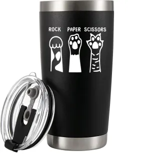 Rock Paper Scissors Vacuum Insulated Tumbler Cat Gifts for Cat Lover Girlfriend Boyfriend Sister Brother Friend Mom Dad Paw Stainless Steel Removable Lid Travel Mug 20 oz Black