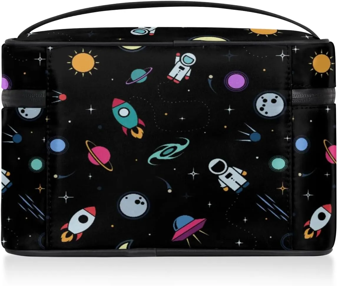 Rocket Earth Astronaut Makeup Bag Small Cosmetic Bag for Women Travel Makeup Case Organizer Portable Zipper Make Up Brush Bag Cute Toiletry Bag Storage Bags with Handle