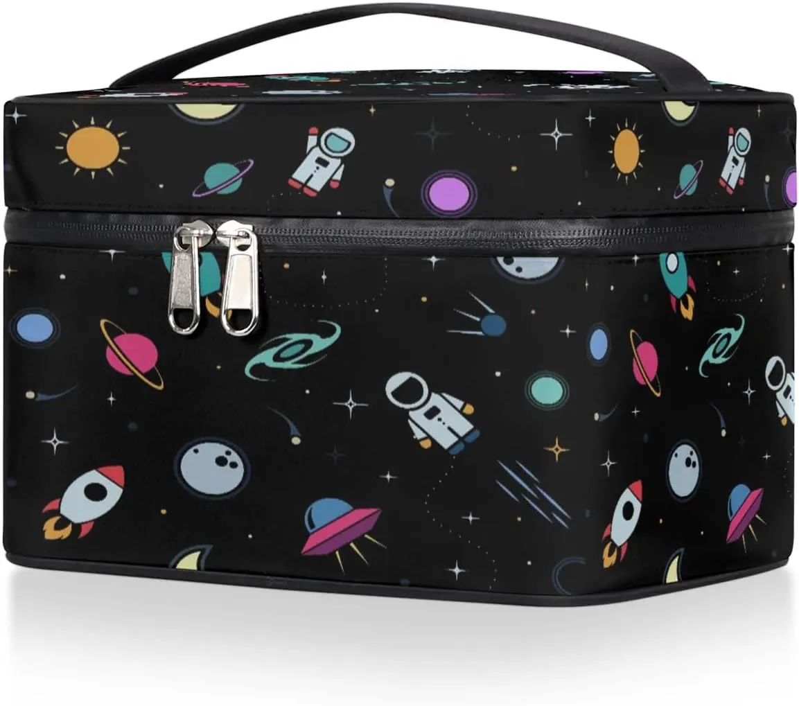 Rocket Earth Astronaut Makeup Bag Small Cosmetic Bag for Women Travel Makeup Case Organizer Portable Zipper Make Up Brush Bag Cute Toiletry Bag Storage Bags with Handle