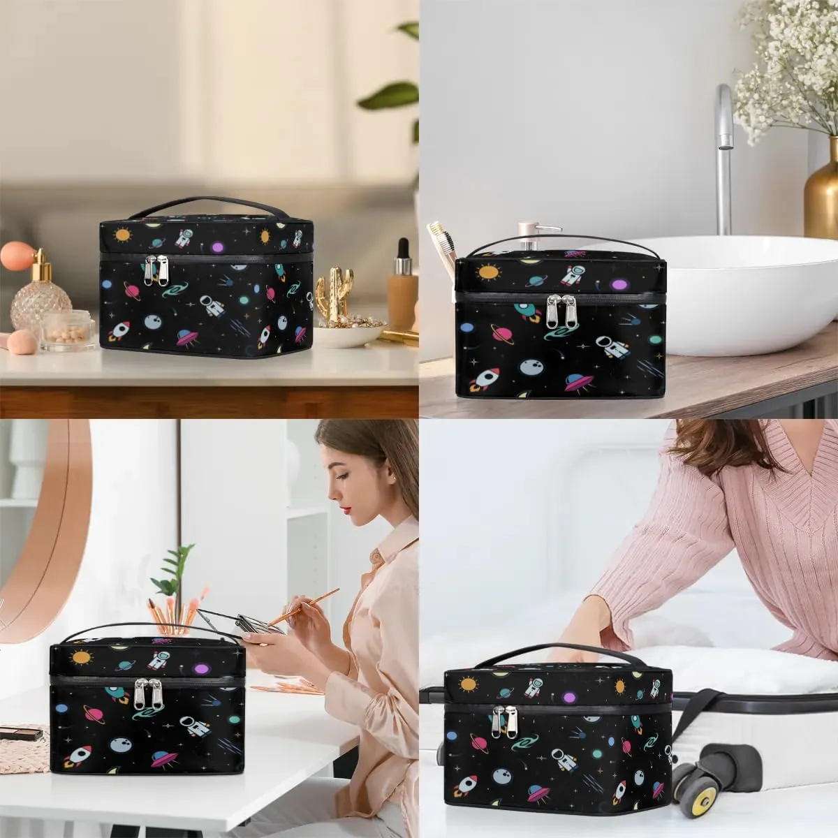 Rocket Earth Astronaut Makeup Bag Small Cosmetic Bag for Women Travel Makeup Case Organizer Portable Zipper Make Up Brush Bag Cute Toiletry Bag Storage Bags with Handle