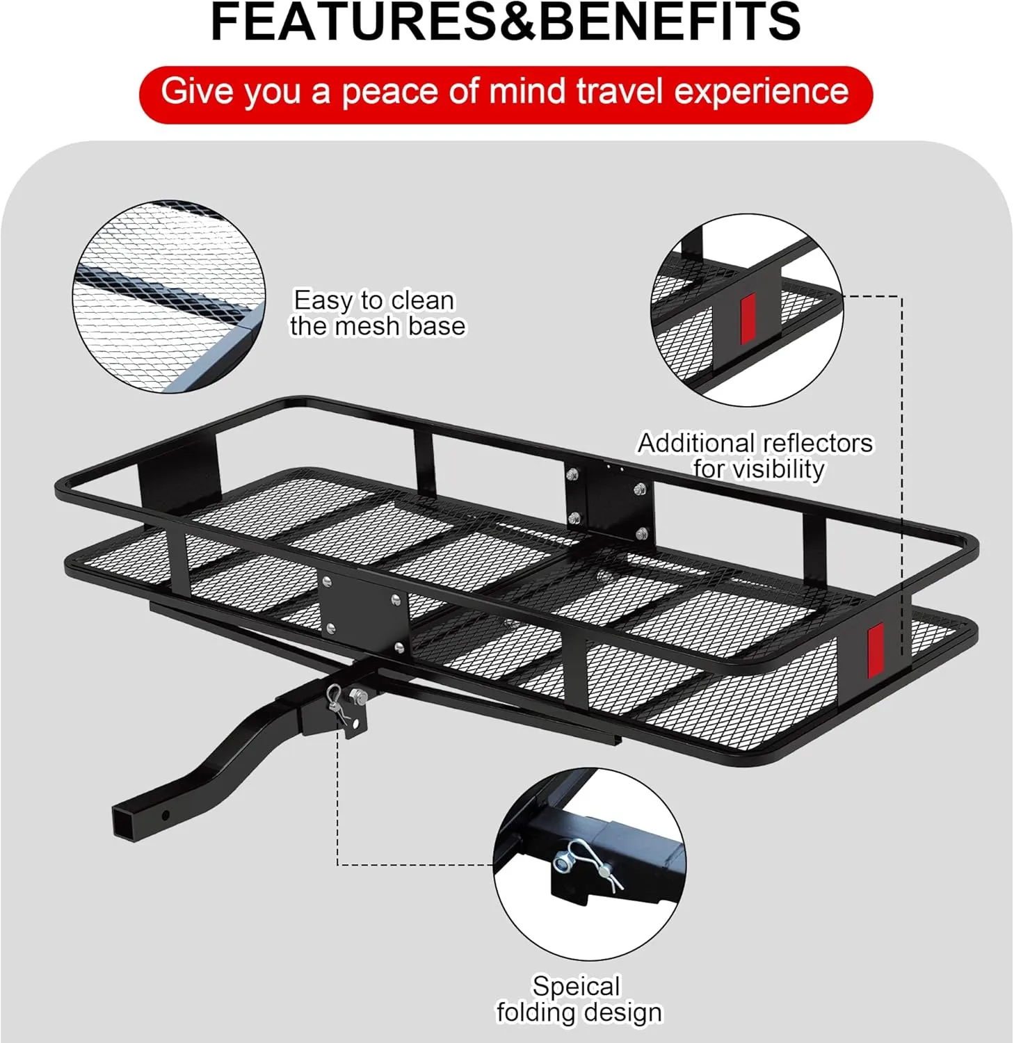 Rockland Steel Folding Hitch Mount Cargo Carrier, 60" x 24" x 6", 500 LBS Capacity, Heavy Duty Trailer Hitch Cargo Carrier, Foldable Hitch Rack Basket, Fits 2" Receiver for Cars SUVs Vans Trailers
