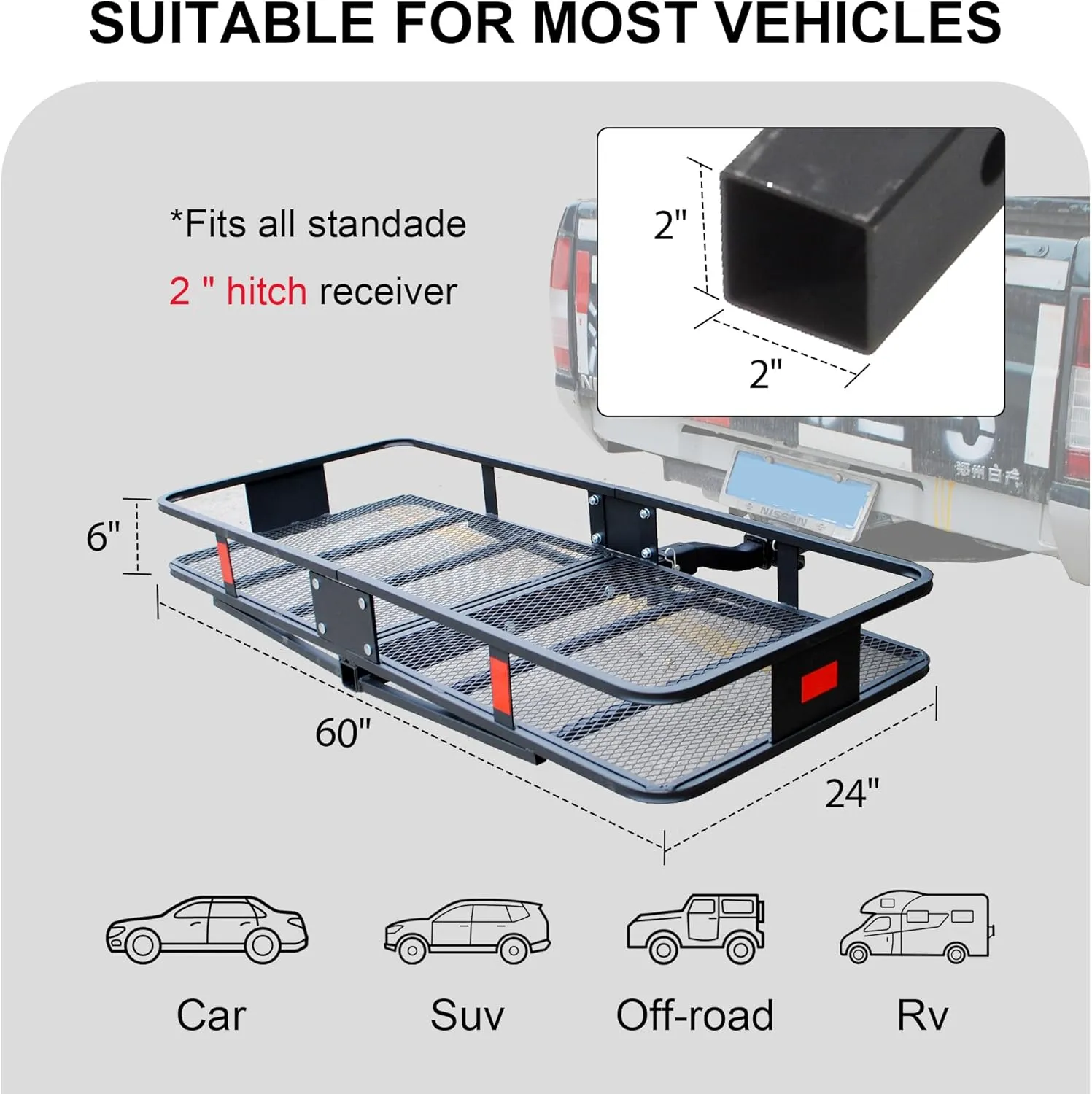 Rockland Steel Folding Hitch Mount Cargo Carrier, 60" x 24" x 6", 500 LBS Capacity, Heavy Duty Trailer Hitch Cargo Carrier, Foldable Hitch Rack Basket, Fits 2" Receiver for Cars SUVs Vans Trailers