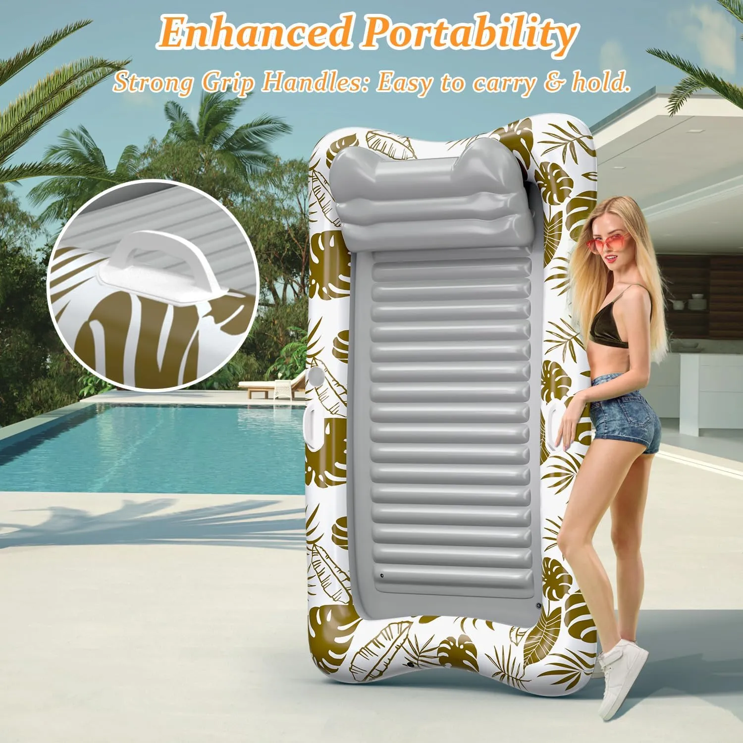 Rrtizan Inflatable Tanning Pool Rafts for Adults, 83.5" x 52.4" Adult Pool Floats with Pillow, Cup Holder & Handles, 4-in-1 Suntan Tub Raft Floatie for Pool, Backyard, Kids' Ball Pit