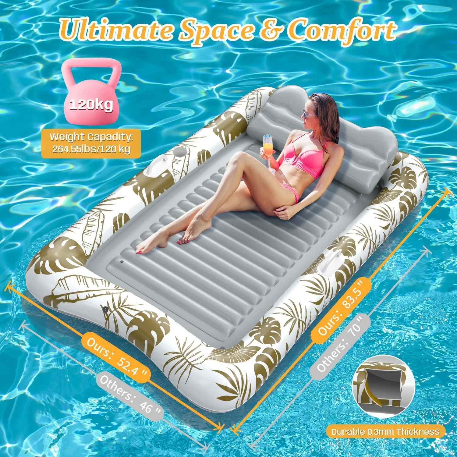 Rrtizan Inflatable Tanning Pool Rafts for Adults, 83.5" x 52.4" Adult Pool Floats with Pillow, Cup Holder & Handles, 4-in-1 Suntan Tub Raft Floatie for Pool, Backyard, Kids' Ball Pit
